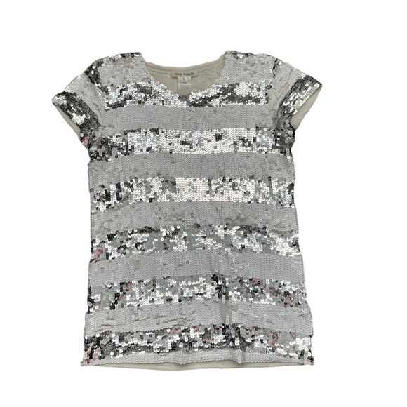 alice + olivia sequin striped short sleeve shirt grey white - Picture 3 of 6